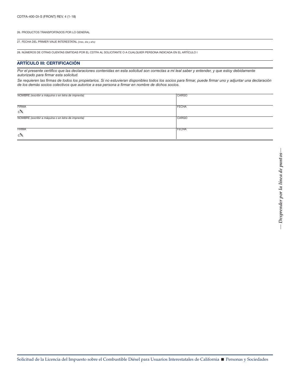 Formulario CDTFA-400-DI-S Solicitud De La Licencia Del Impuesto Sobre El Combustible Diesel Para Usuarios Interestatales De California (Personas / Sociedades) - California (Spanish), Page 6
