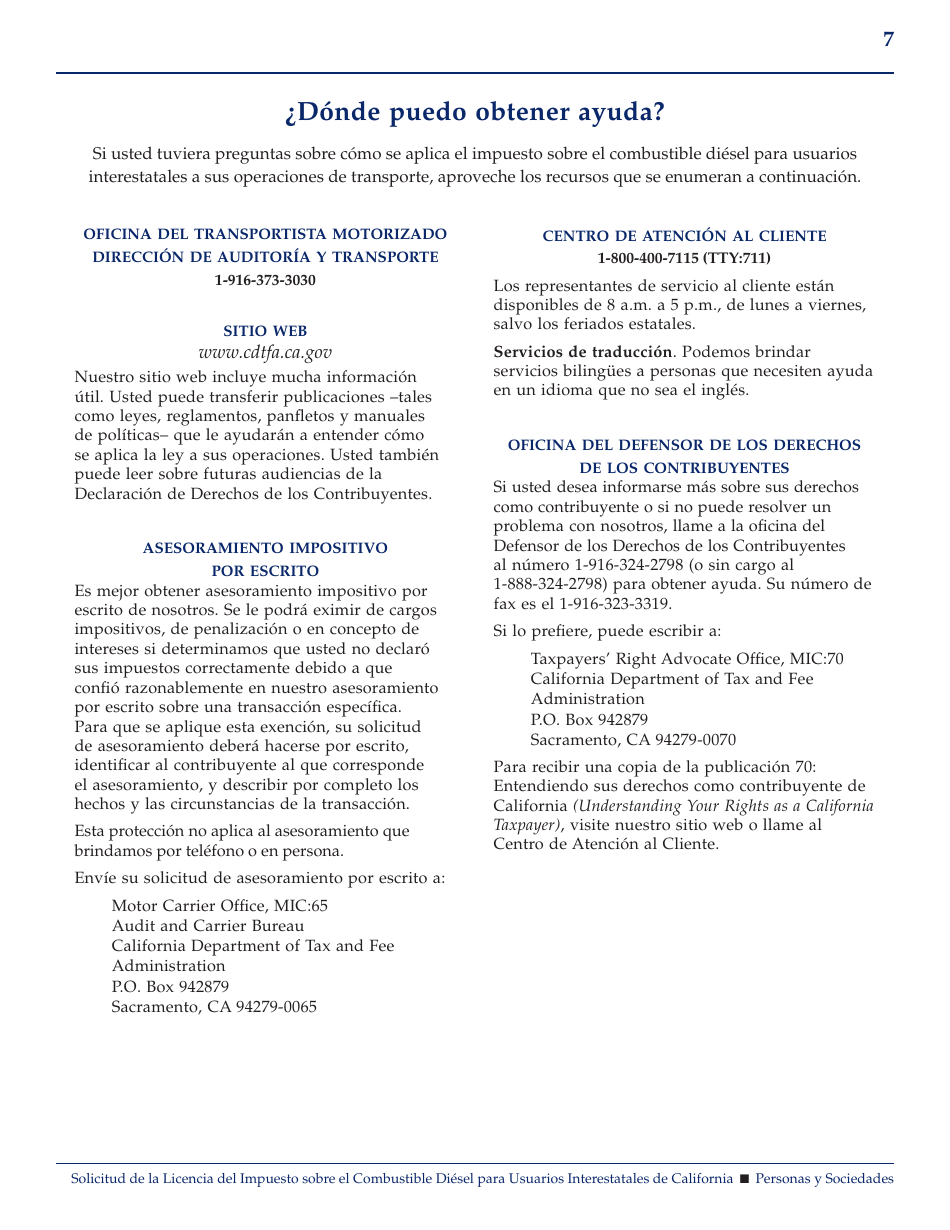 Formulario CDTFA-400-DI-S Solicitud De La Licencia Del Impuesto Sobre El Combustible Diesel Para Usuarios Interestatales De California (Personas / Sociedades) - California (Spanish), Page 7