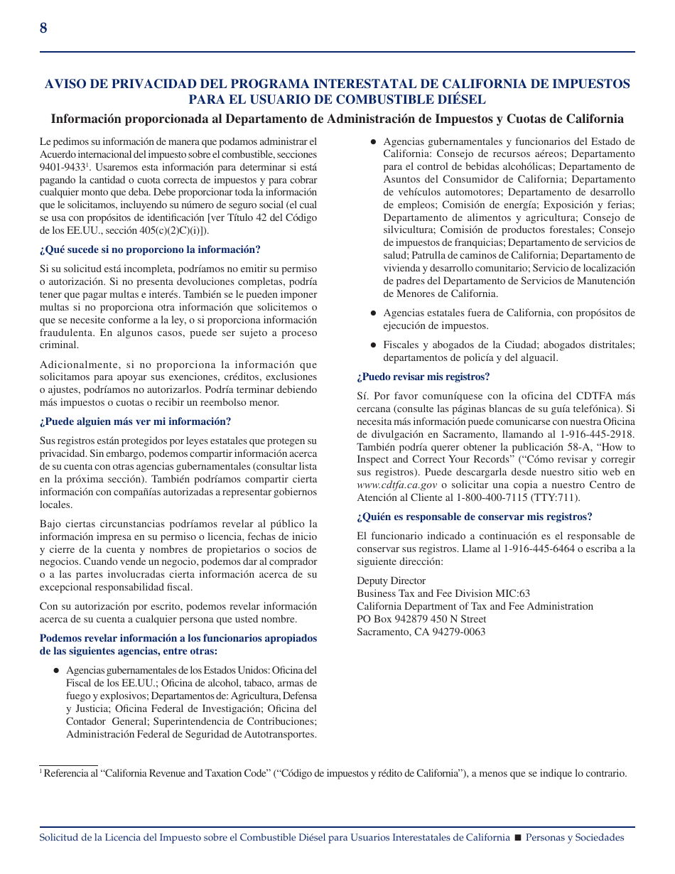 Formulario CDTFA-400-DI-S Solicitud De La Licencia Del Impuesto Sobre El Combustible Diesel Para Usuarios Interestatales De California (Personas / Sociedades) - California (Spanish), Page 8