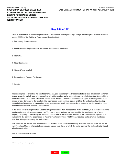 Form CDTFA-230-J-1 Certificate D  Printable Pdf