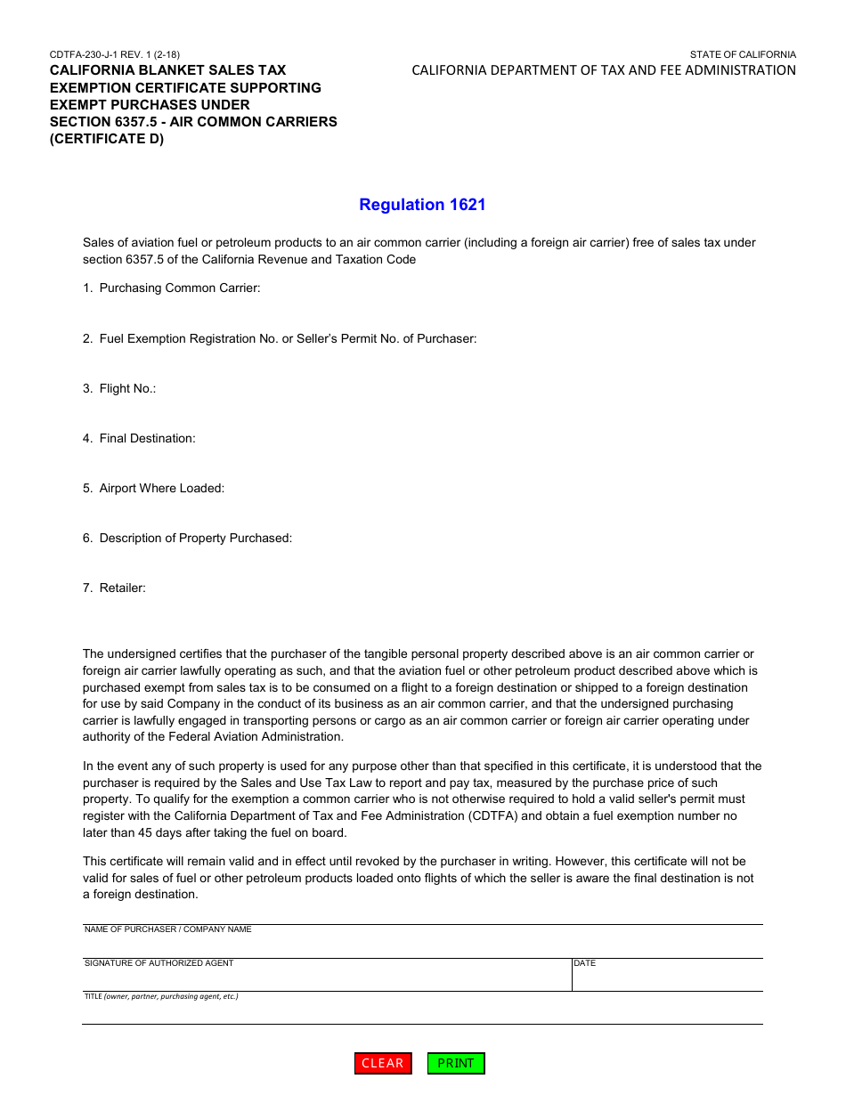 Form CDTFA-230-J-1 Certificate D California Blanket Sales Tax Exemption Certificate Supporting Exempt Purchases Under Section 6357.5 - Air Common Carriers - California, Page 1