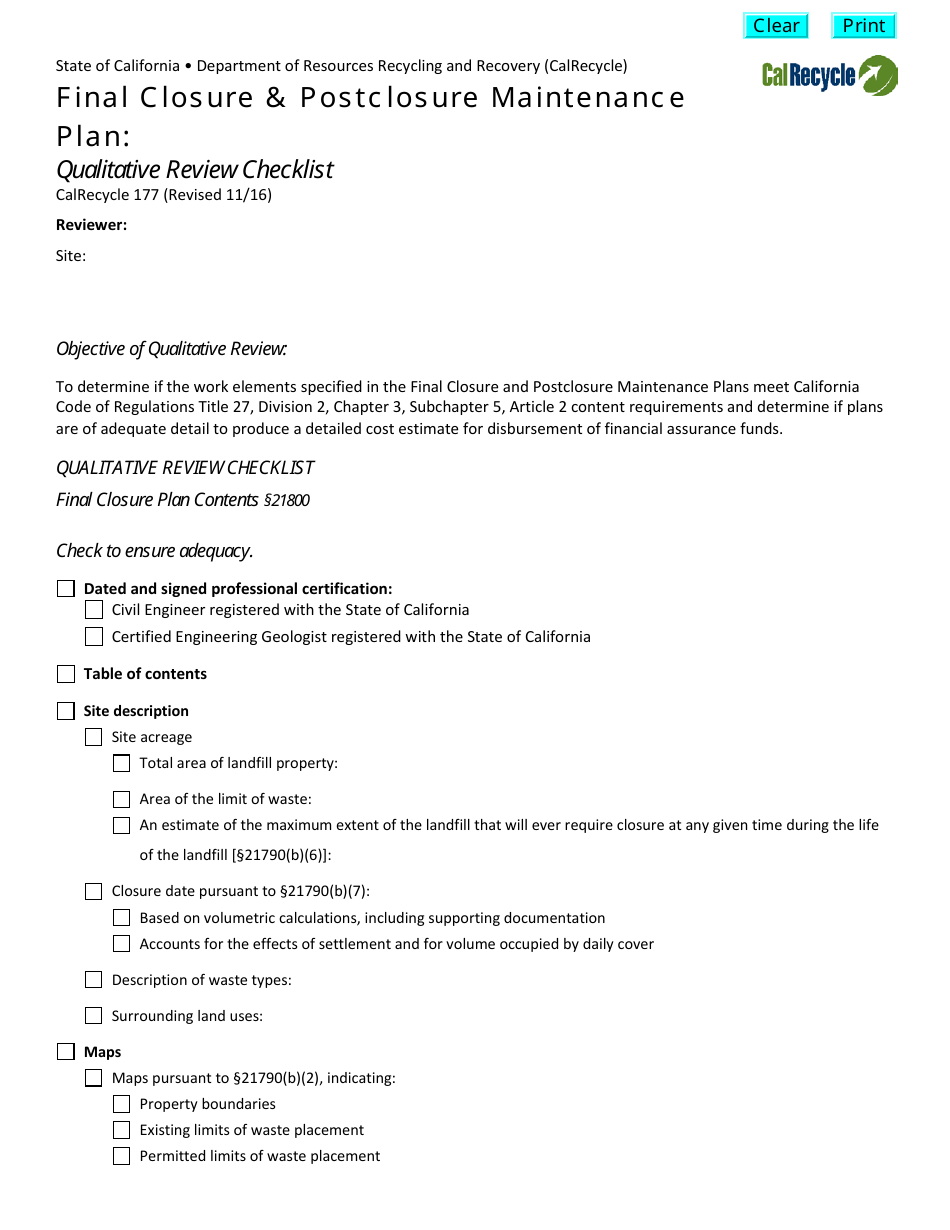 Form CalRecycle177 Final Closure and Postclosure Maintenance Plan - Qualitative Review Checklist - California, Page 1