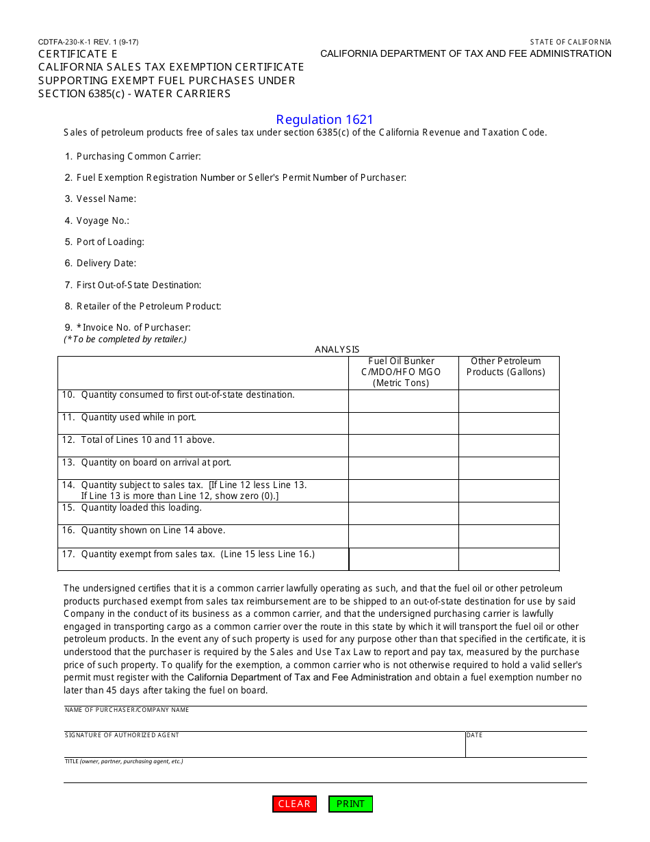 Form CDTFA-230-K-1 Certificate E - California Sales Tax Exemption Certificate Supporting Exempt Fuel Purchases Under Section 6385 (C) - Water Carriers - California, Page 1