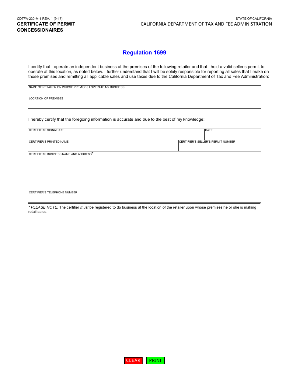 Form CDTFA-230-M-1 Certificate of Permit Concessionaires - California, Page 1