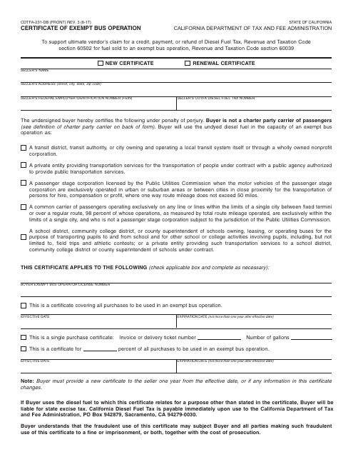 Form CDTFA-231-DB Certificate of Exempt Bus Operation - California