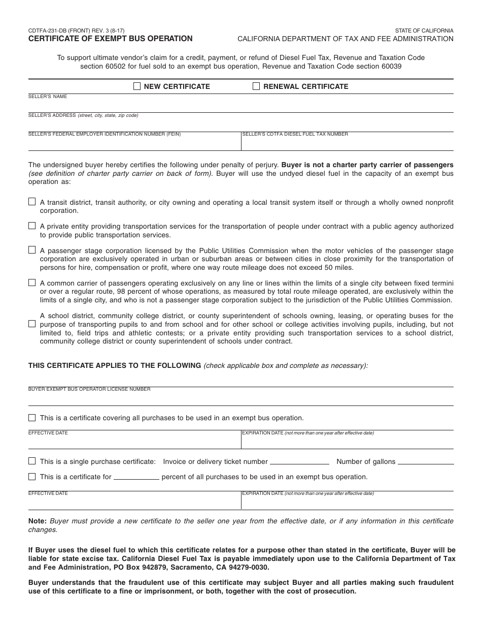 Form CDTFA-231-DB Certificate of Exempt Bus Operation - California, Page 1