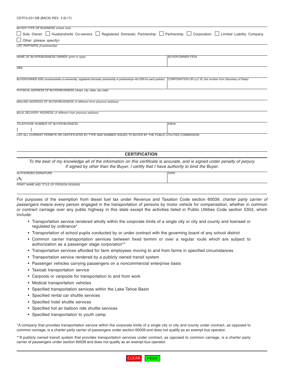 Form CDTFA-231-DB Certificate of Exempt Bus Operation - California, Page 2