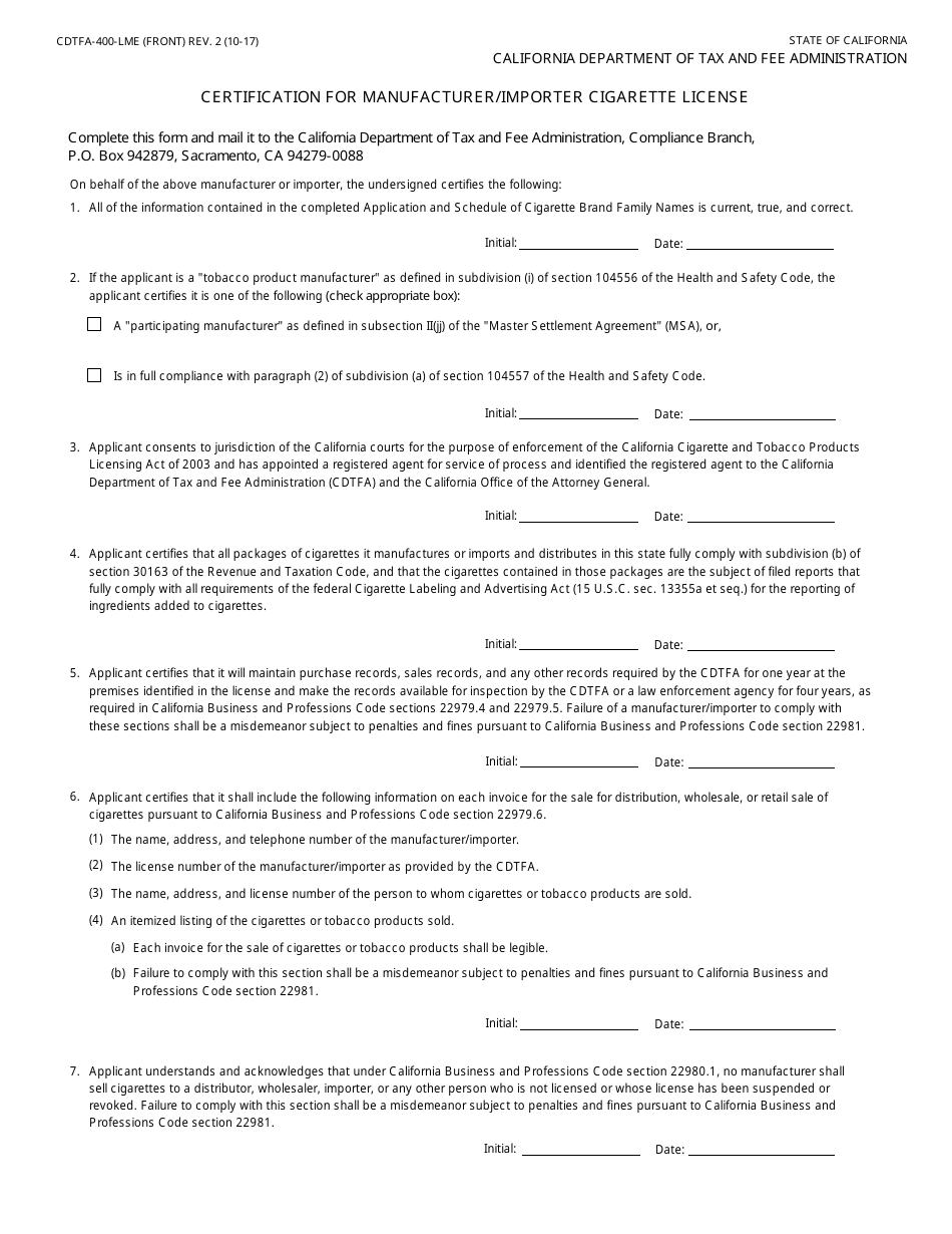 Form CDTFA-400-LME Certification for Manufacturer / Importer Cigarette License - California, Page 1