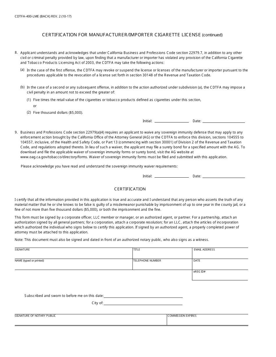 Form CDTFA-400-LME Certification for Manufacturer / Importer Cigarette License - California, Page 2