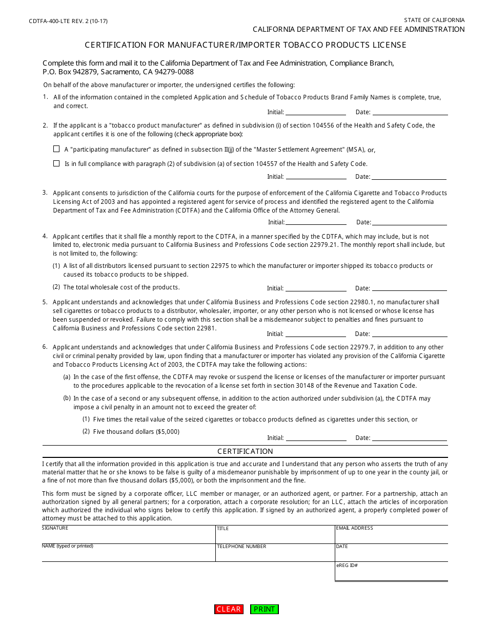Form CDTFA-400-LTE Certification for Manufacturer / Importer Tobacco Products License - California, Page 1