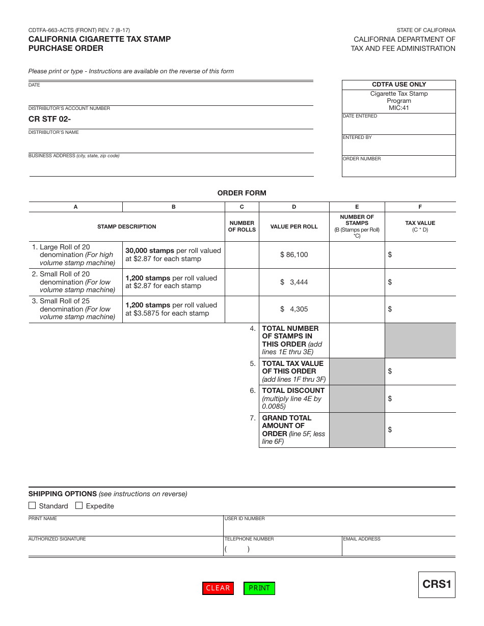 Form CDTFA-663-ACTS California Cigarette Tax Stamp Purchase Order - California, Page 1
