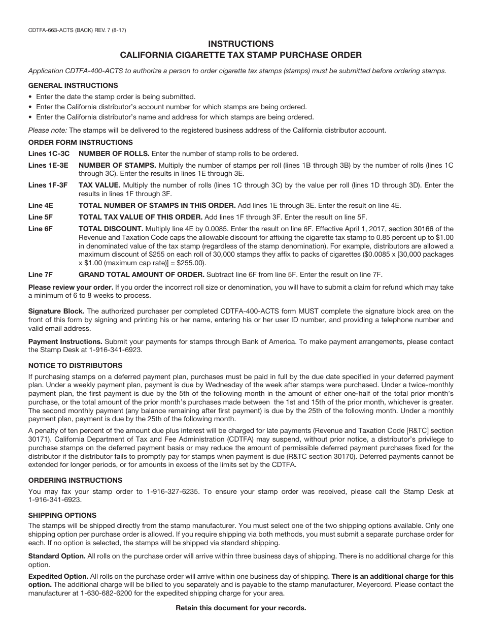 Form CDTFA-663-ACTS California Cigarette Tax Stamp Purchase Order - California, Page 2
