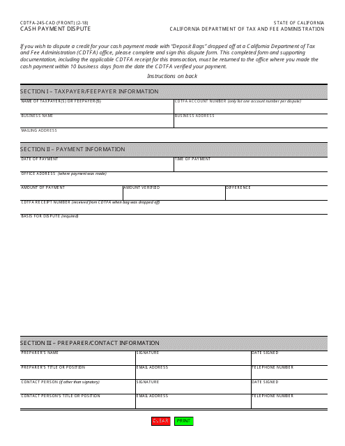 Form CDTFA-245-CAD Cash Payment Dispute - California