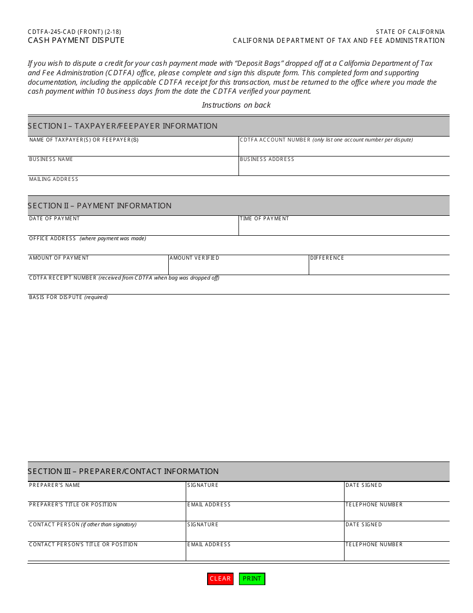 Form CDTFA-245-CAD Cash Payment Dispute - California, Page 1