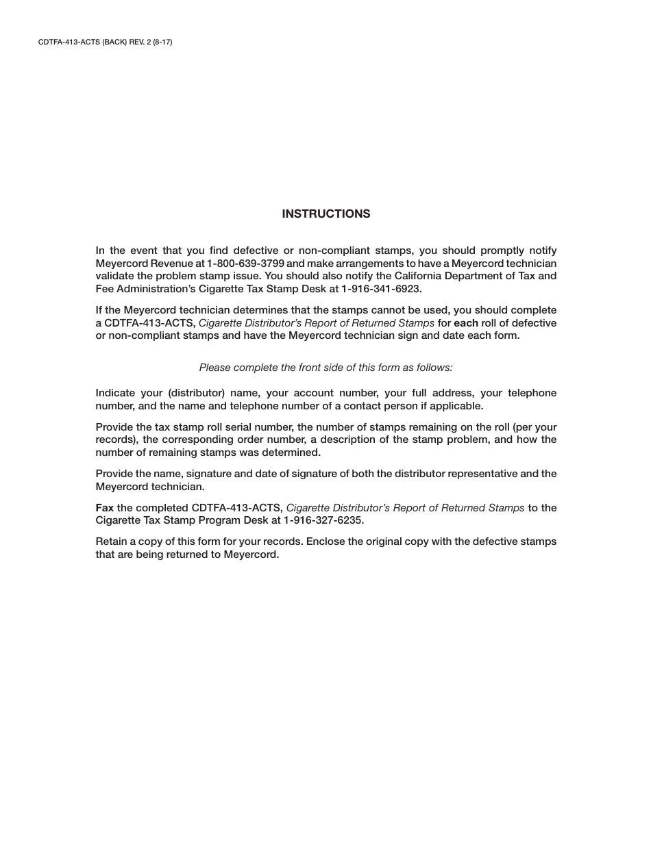 Form CDTFA-413-ACTS Cigarette Distributors Report of Returned Stamps - California, Page 2