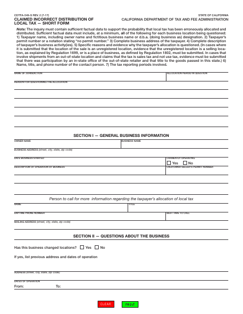 Form CDTFA-549-S  Printable Pdf