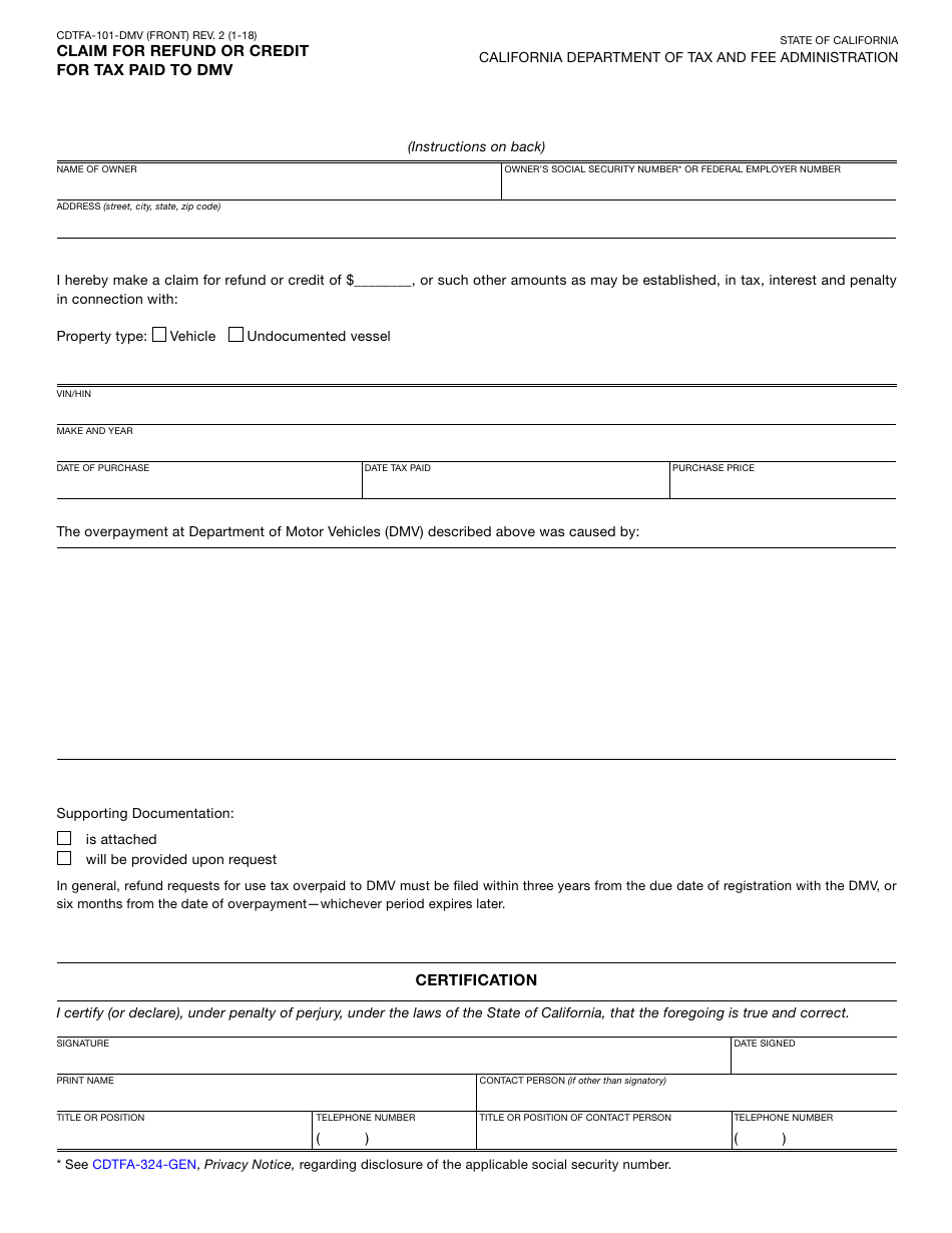 Form CDTFA-101-DMV Claim for Refund or Credit for Tax Paid to Dmv - California, Page 1