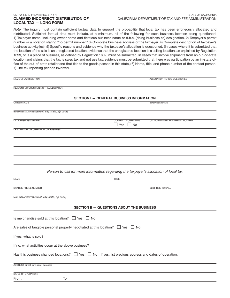 Form CDTFA-549-L Claimed Incorrect Distribution of Local Tax - Long Form - California, Page 1