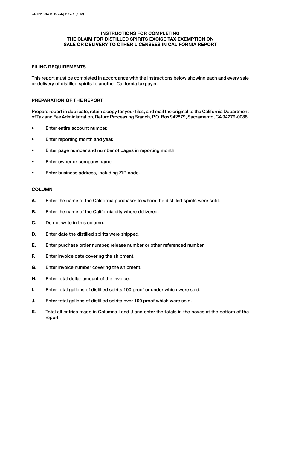 Form CDTFA-243-B Claim for Distilled Spirits Excise Tax Exemption on Sale or Delivery to Other Licensees in California - California, Page 2