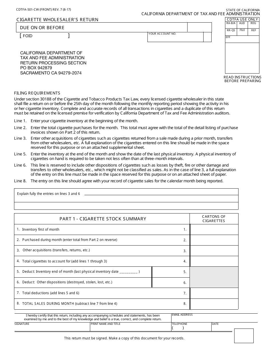 Form CDTFA-501-CW Cigarette Wholesalers Return - California, Page 1