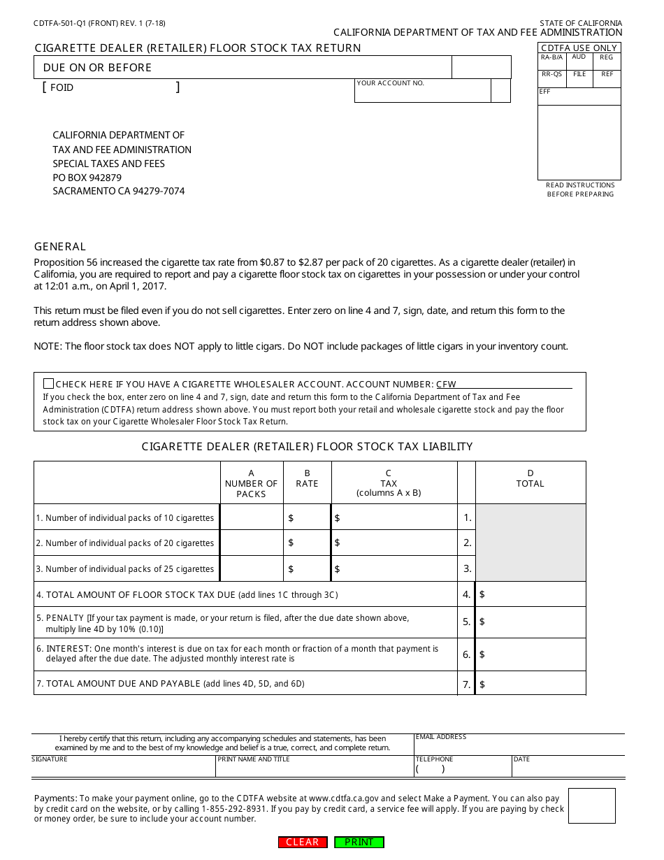 Form CDTFA-501-Q1 Cigarette Dealer (Retailer) Floor Stock Tax Return - California, Page 1