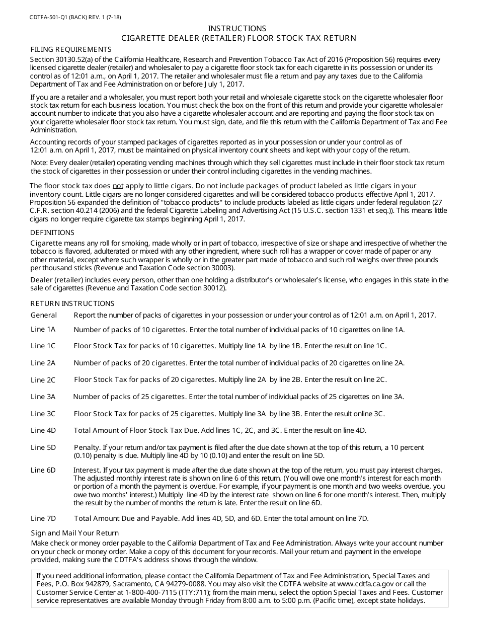 Form CDTFA-501-Q1 Cigarette Dealer (Retailer) Floor Stock Tax Return - California, Page 2