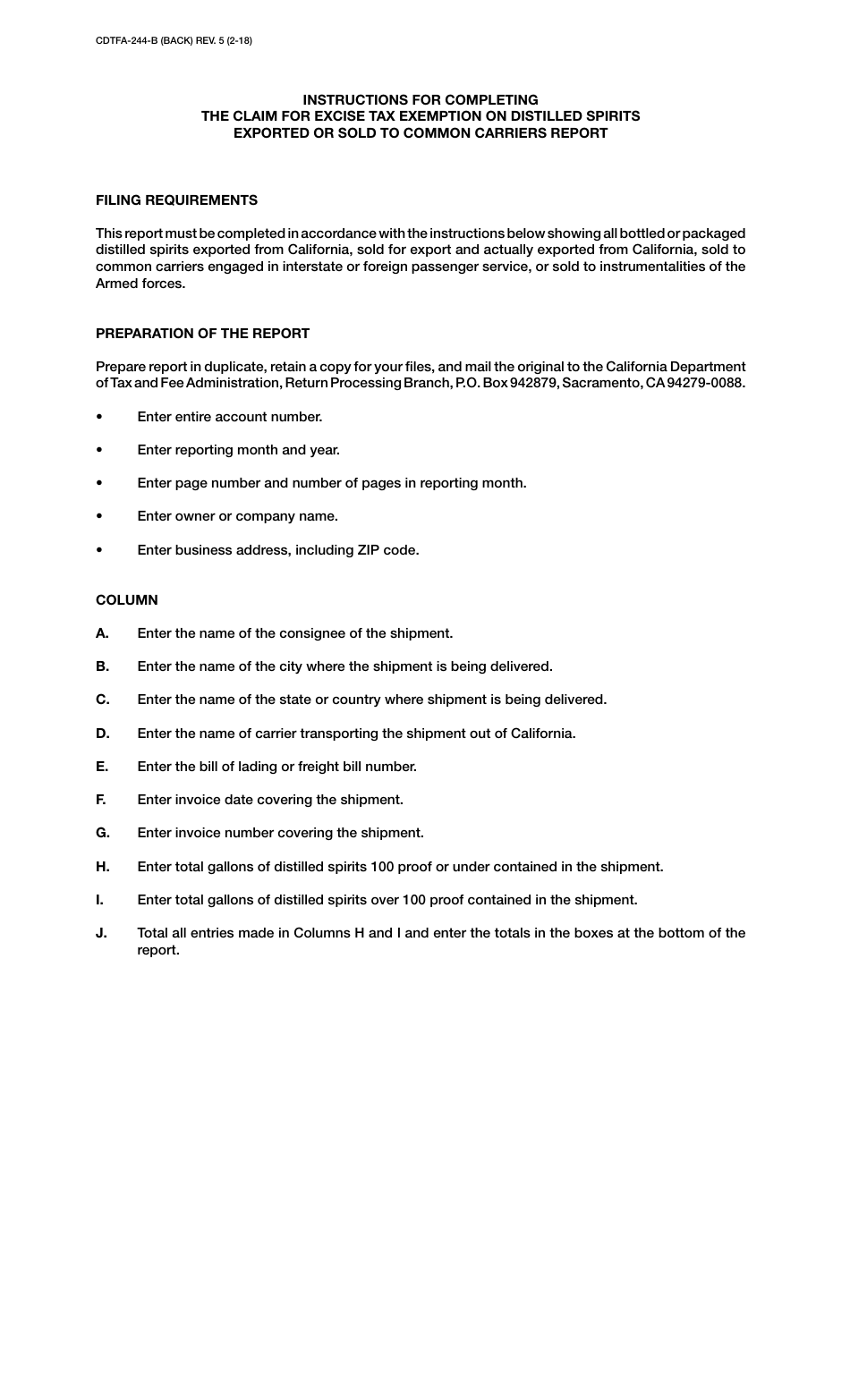 Form CDTFA-244-B Claim for Excise Tax Exemption on Distilled Spirits Exported or Sold to Common Carriers and Armed Forces Instrumentalities - California, Page 2