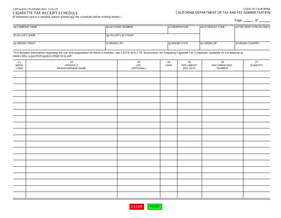 Form CDTFA-810-CTI Cigarette Tax Receipt Schedule - California, Page 1