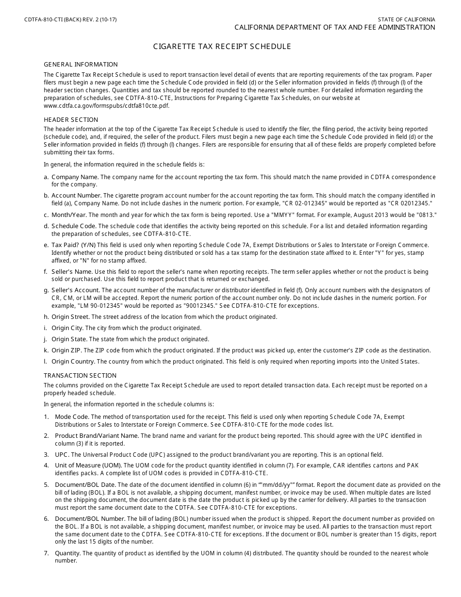 Form CDTFA-810-CTI Cigarette Tax Receipt Schedule - California, Page 2