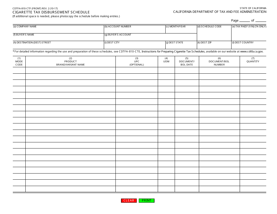 Form CDTFA-810-CTF Cigarette Tax Disbursement Schedule - California, Page 1