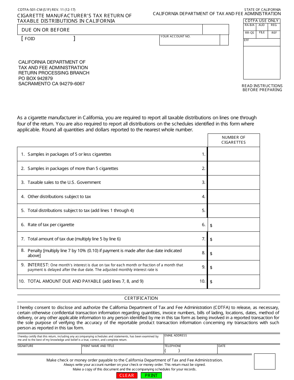Form CDTFA-501-CM Cigarette Manufacturers Tax Return of Taxable Distributions in California - California, Page 1