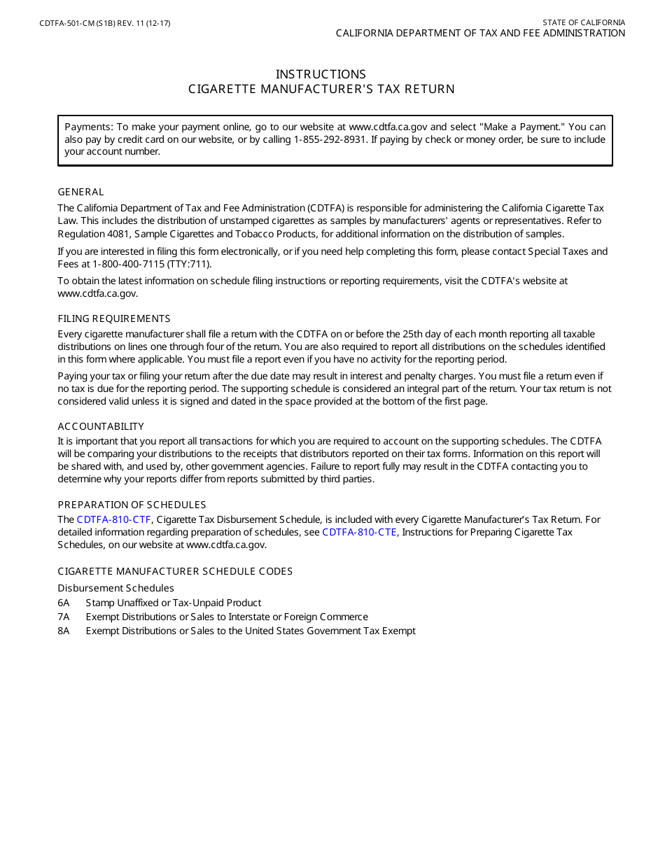 Form CDTFA-501-CM Cigarette Manufacturers Tax Return of Taxable Distributions in California - California, Page 2