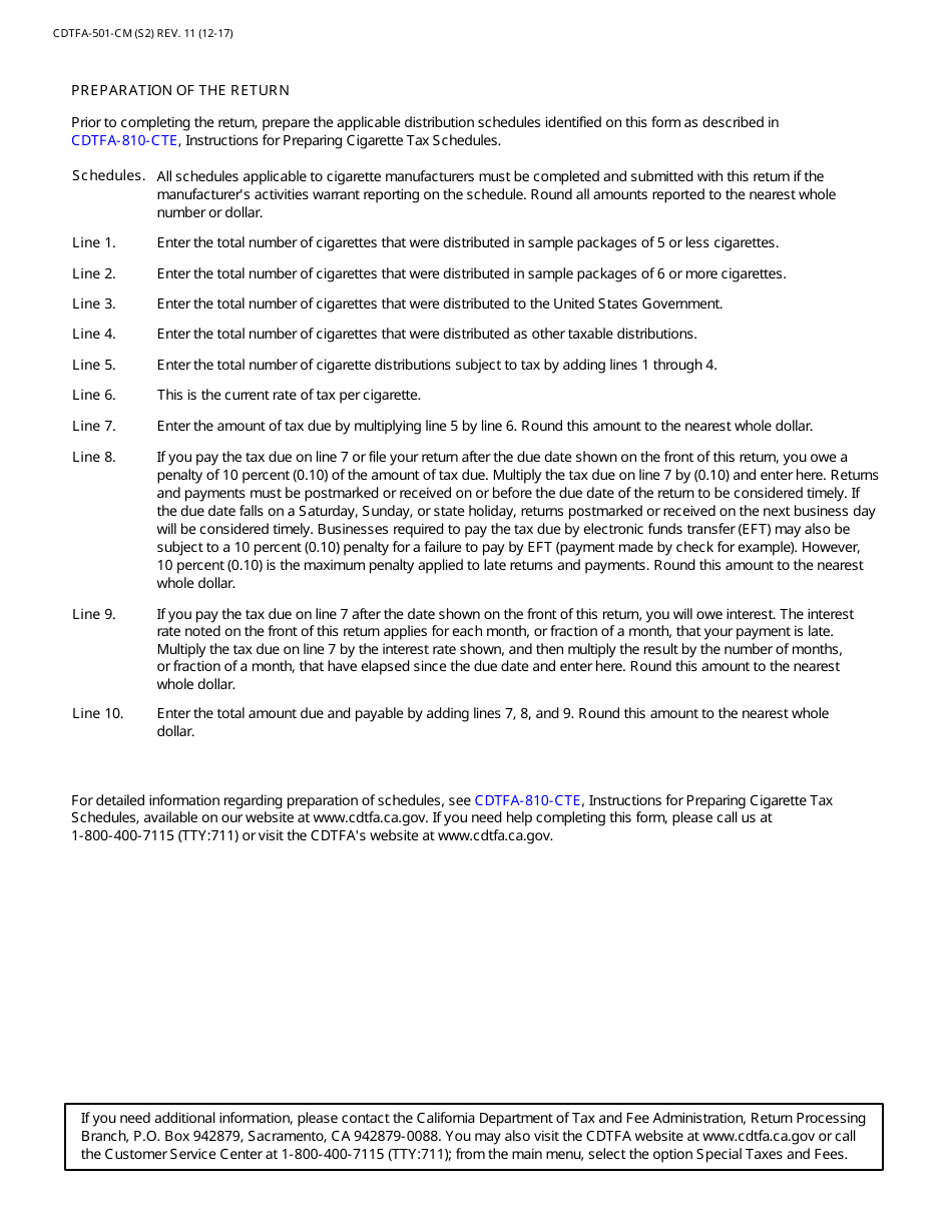 Form CDTFA-501-CM Cigarette Manufacturers Tax Return of Taxable Distributions in California - California, Page 3