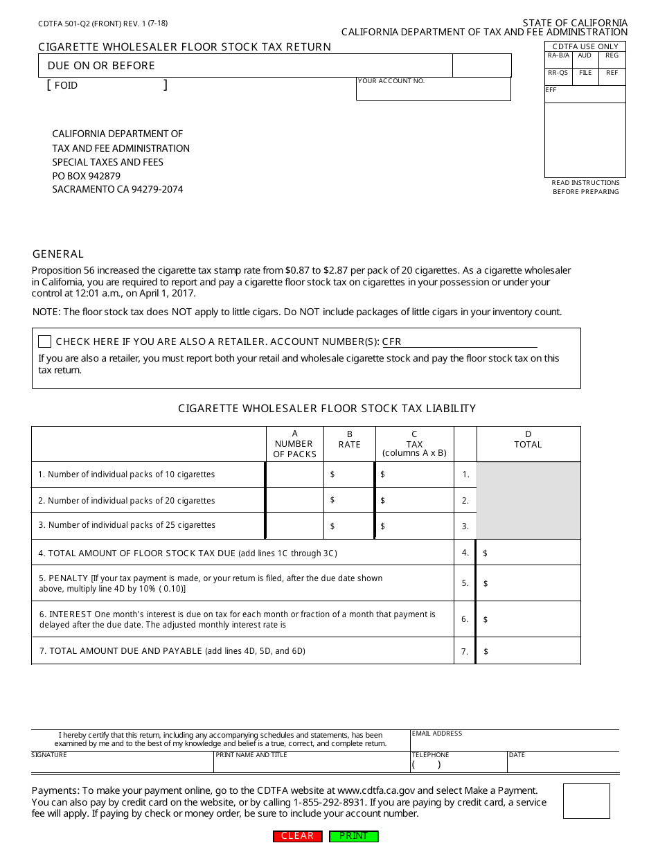 Form CDTFA-501-Q2 Cigarette Wholesaler Floor Stock Tax Return - California, Page 1