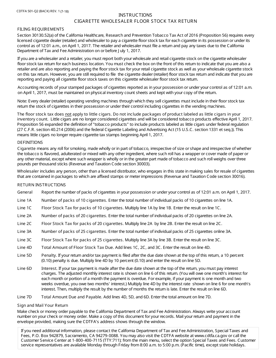 Form CDTFA-501-Q2 Cigarette Wholesaler Floor Stock Tax Return - California, Page 2