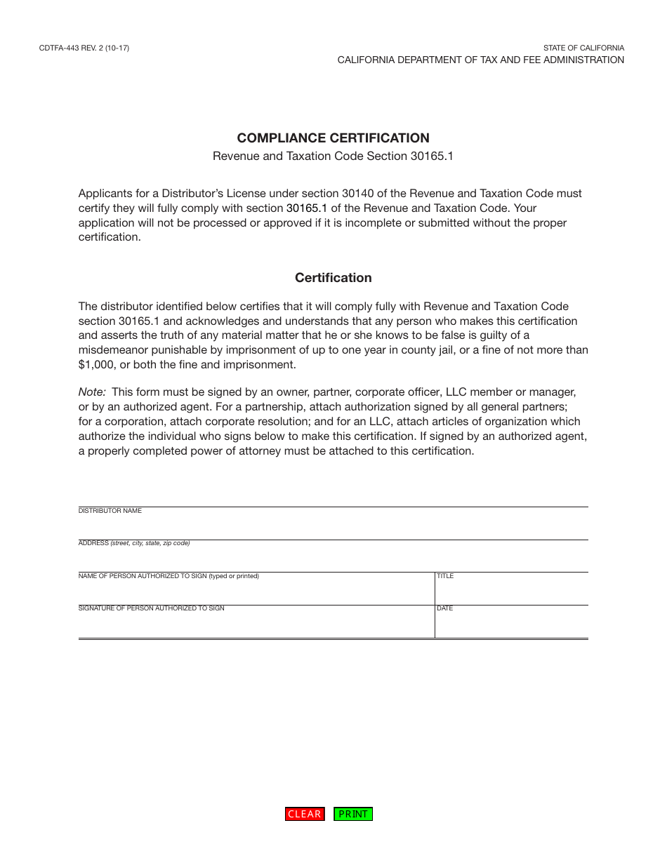 Form CDTFA-443 Compliance Certification - California, Page 1