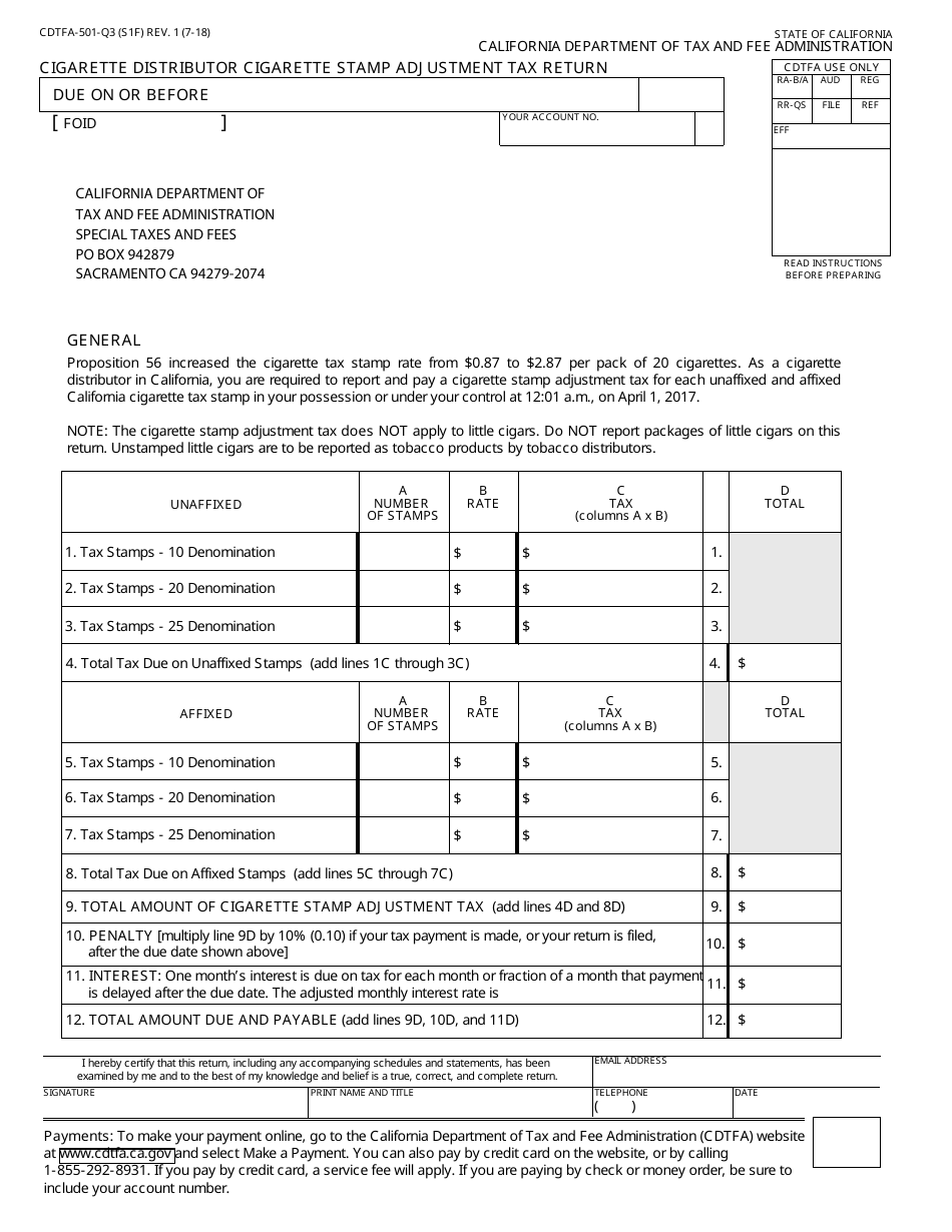Form CDTFA-501-Q3 Cigarette Distributor Stamp Adjustment Tax Return - California, Page 1