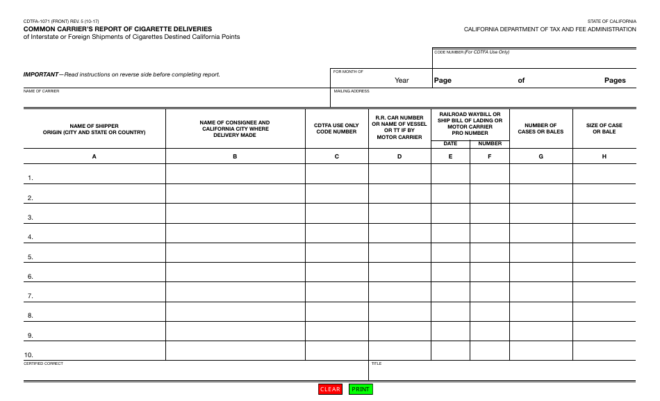 Form CDTFA-1071 Common Carriers Report of Cigarette Deliveries - California, Page 1