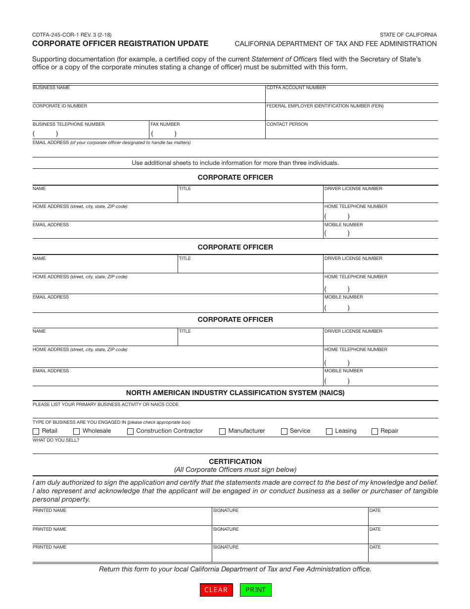 Form CDTFA-245-COR-1 Corporation Officer Registration Update - California, Page 1