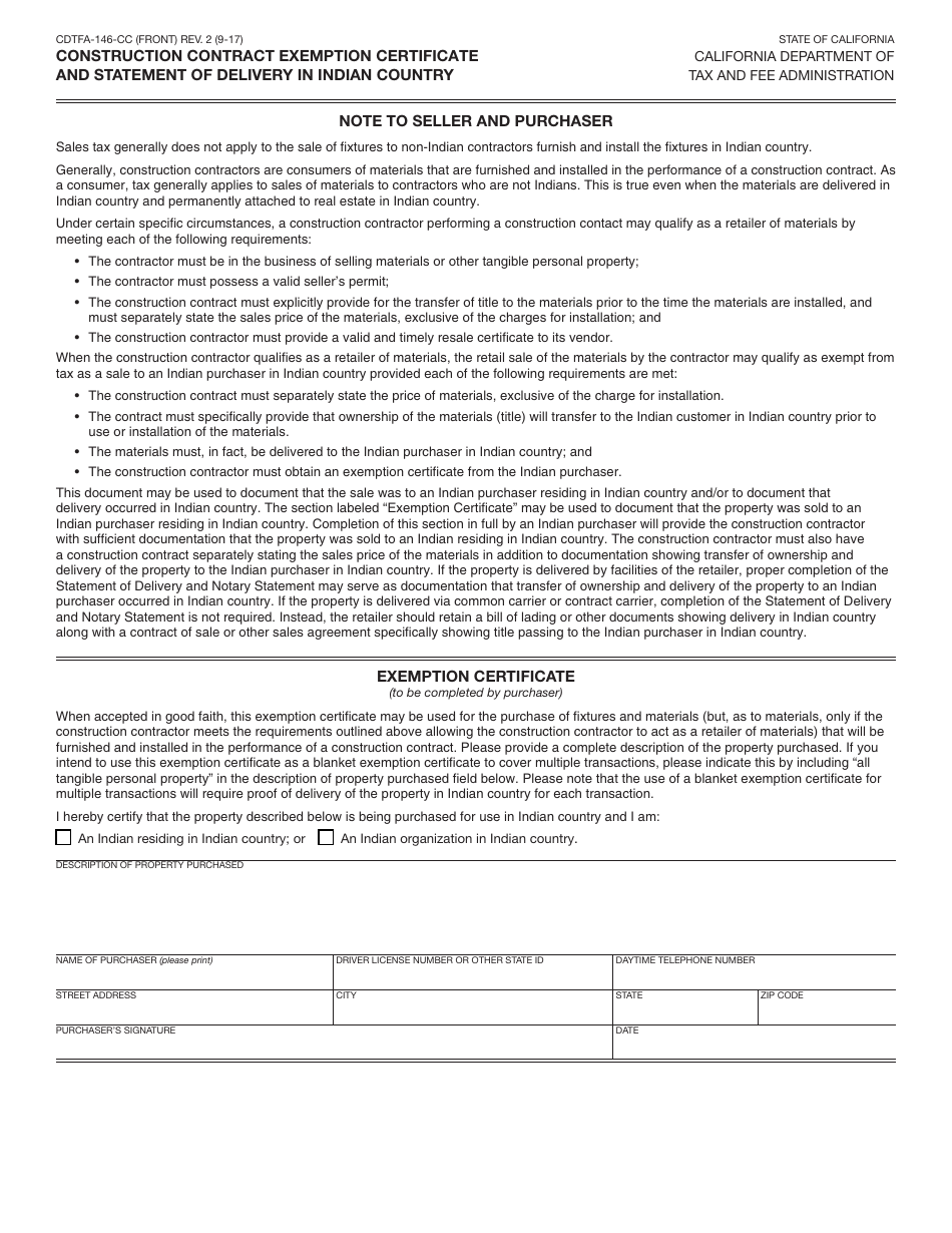 Form CDTFA-146-CC Construction Contract Exemption Certificate and Statement of Delivery in Indian Country - California, Page 1