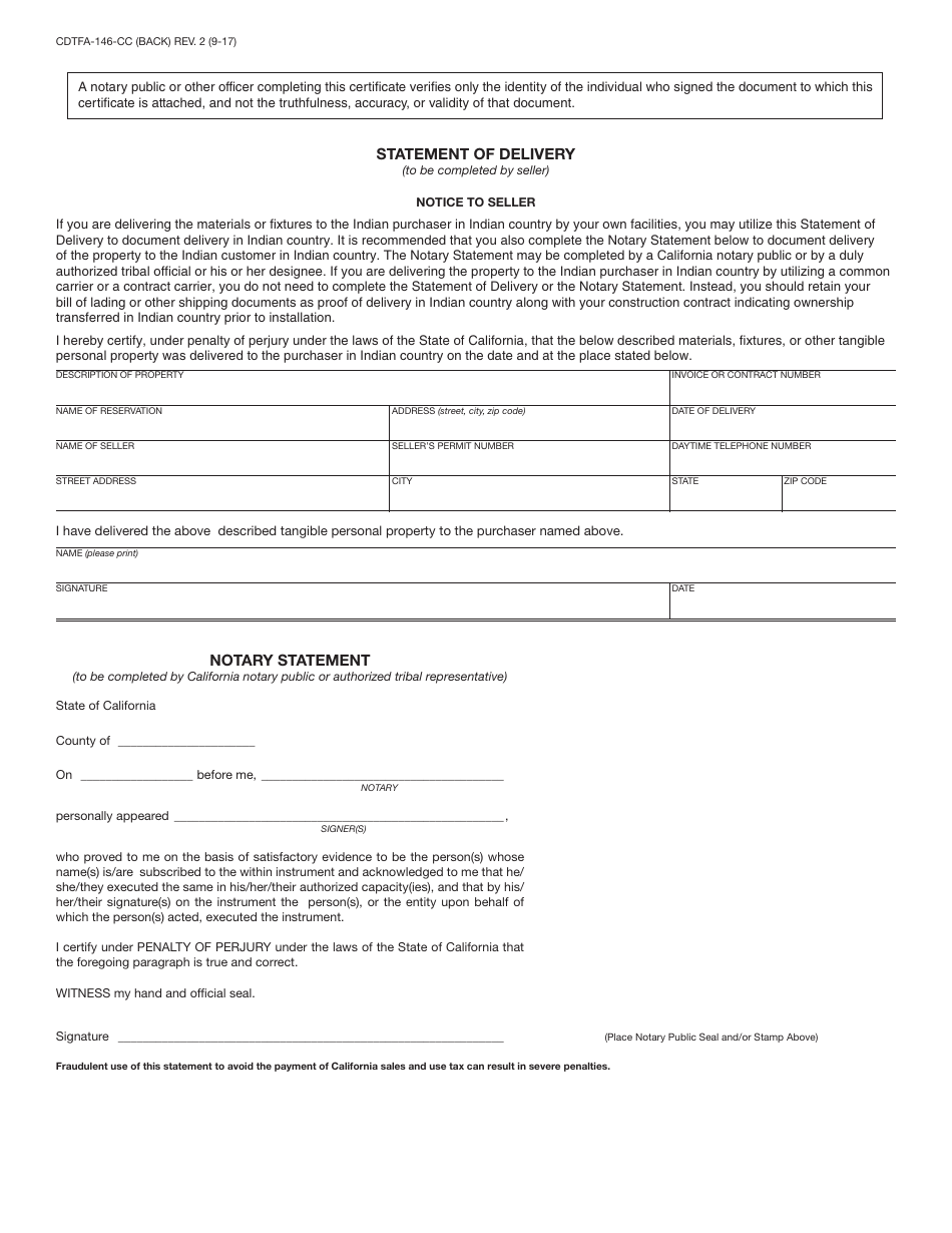 Form CDTFA-146-CC Construction Contract Exemption Certificate and Statement of Delivery in Indian Country - California, Page 2