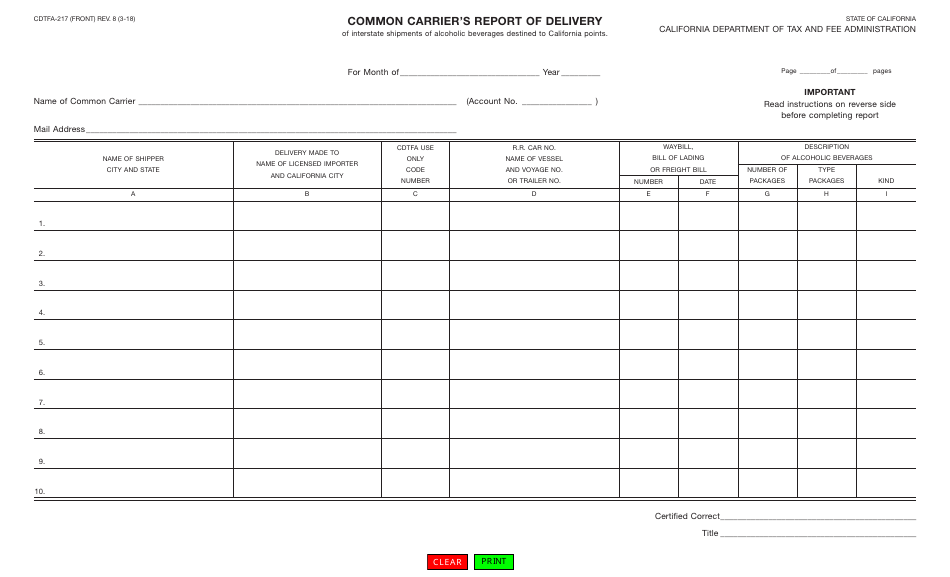 Form CDTFA-217 Common Carriers Report of Delivery - California, Page 1