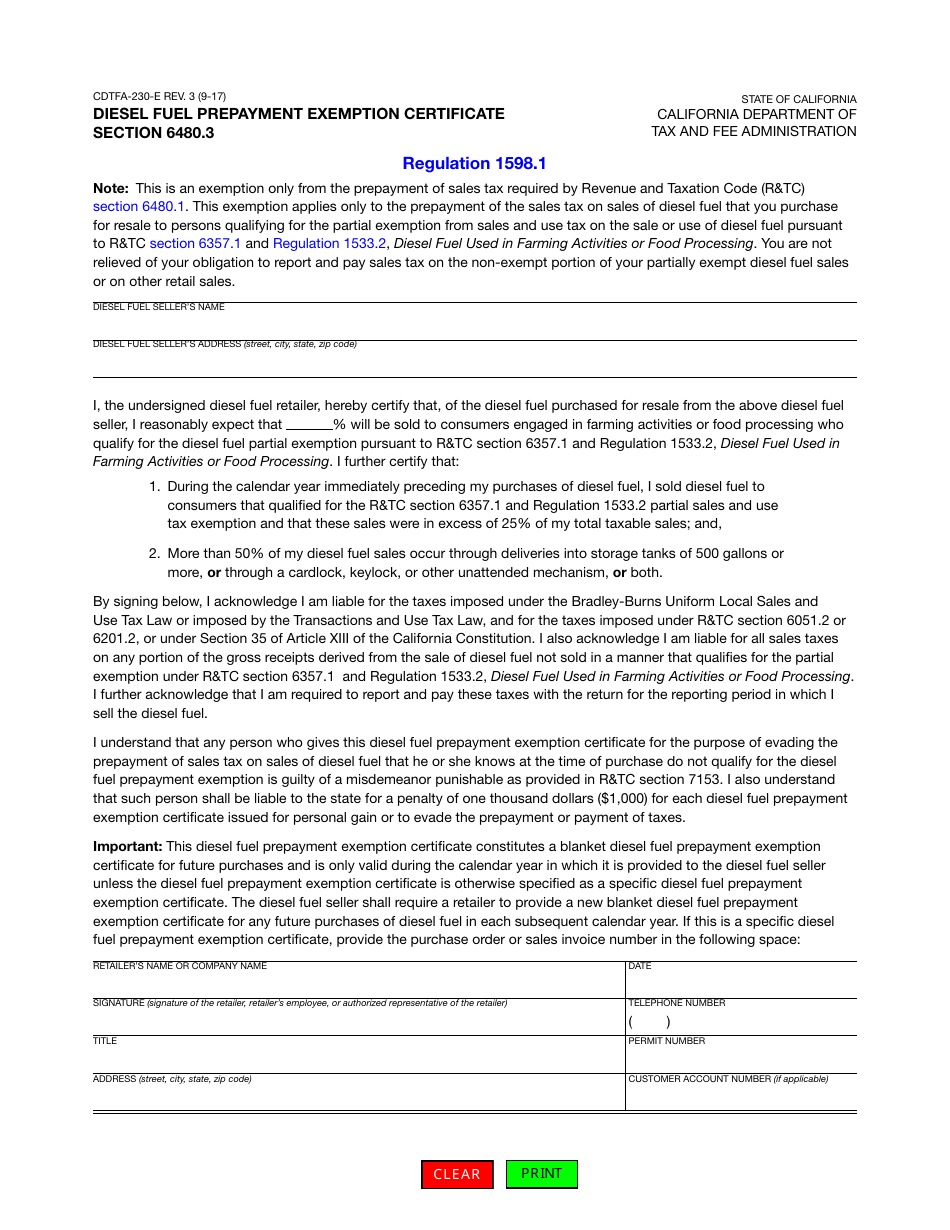 Form CDTFA-230-E Diesel Fuel Prepayment Exemption Certificate Section 6480.3 - California, Page 1
