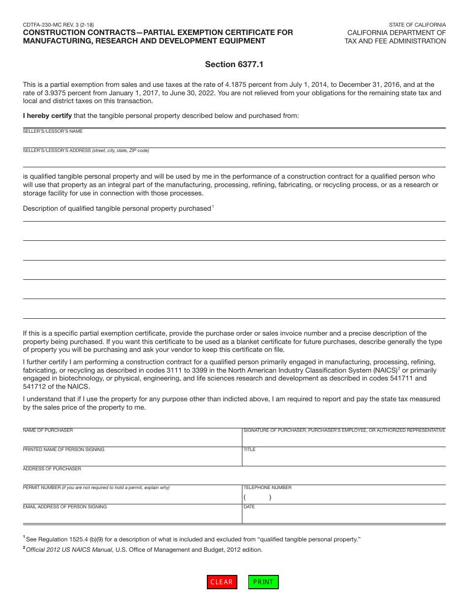 Form CDTFA-230-MC Construction Contracts - Partial Exemption Certificate for Manufacturing, Research and Development Equipment - California, Page 2