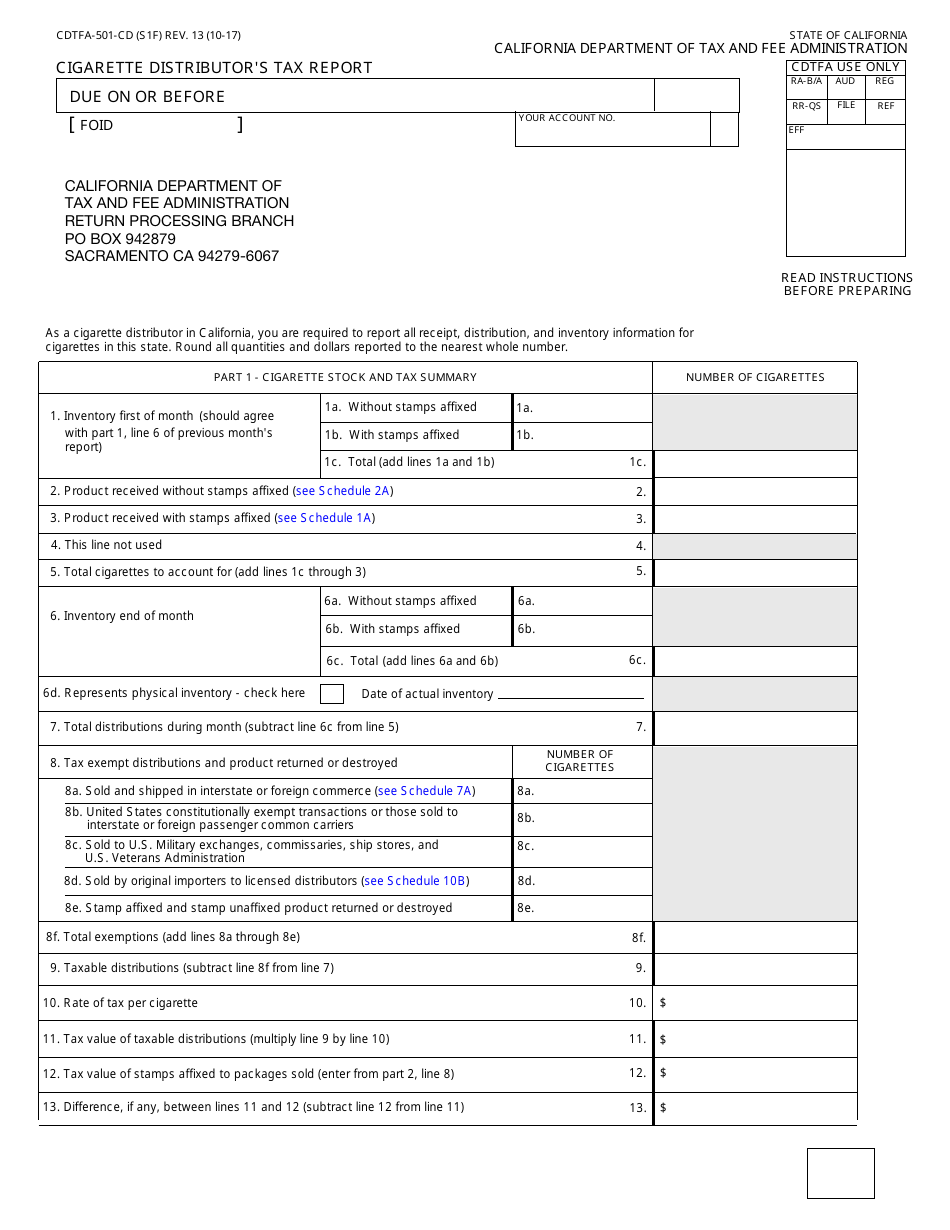 Form CDTFA-501-CD Cigarette Distributors Tax Report - California, Page 1