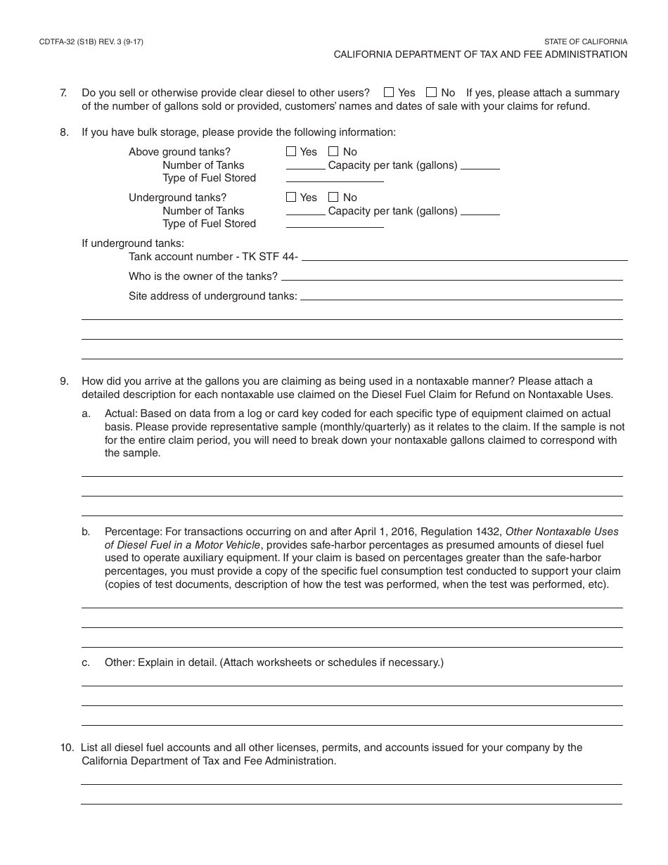 Form CDTFA-32 Diesel Fuel Tax Claim for Refund Questionnaire - California, Page 2