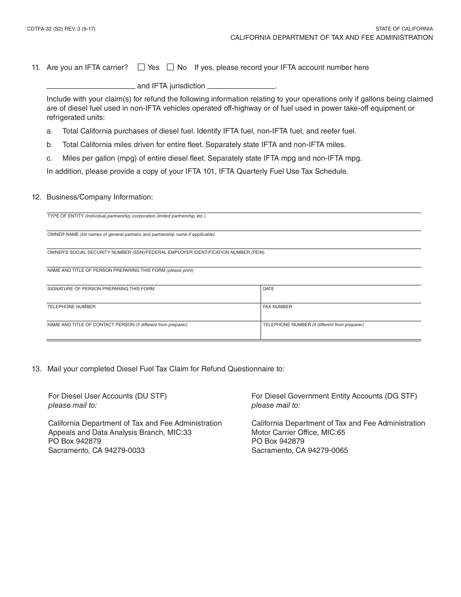 Form CDTFA-32 Diesel Fuel Tax Claim for Refund Questionnaire - California, Page 3