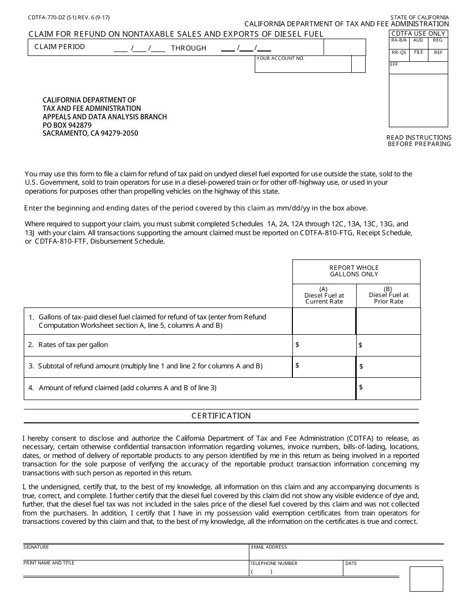 Form CDTFA-770-DZ Claim for Refund on Nontaxable Sales and Exports of Diesel Fuel - California, Page 1