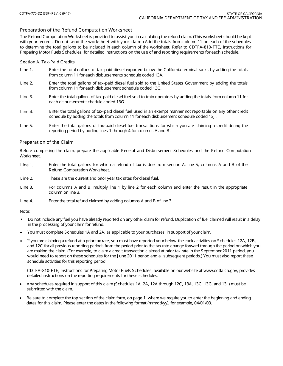 Form CDTFA-770-DZ Claim for Refund on Nontaxable Sales and Exports of Diesel Fuel - California, Page 5