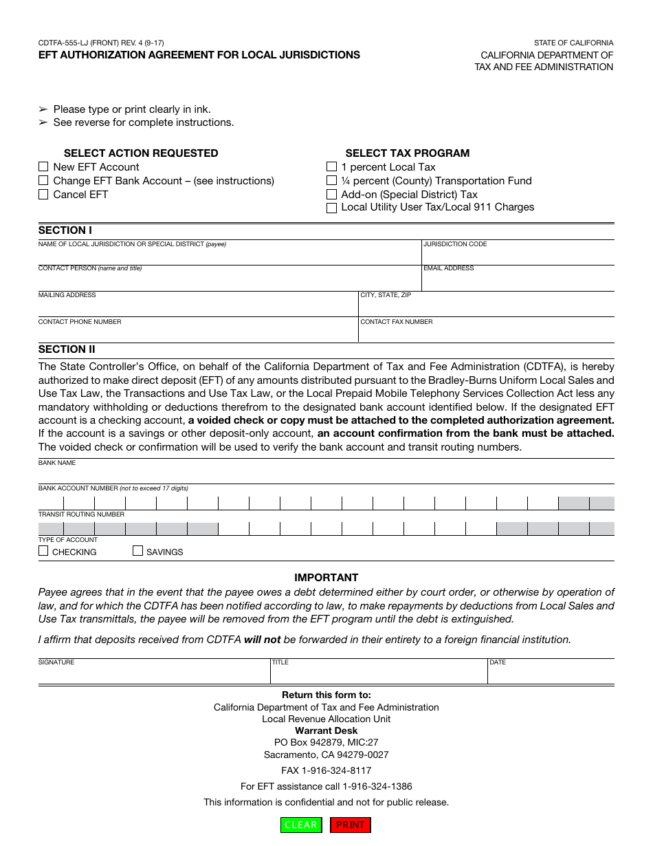 Form CDTFA-555-LJ Eft Authorization Agreement for Local Jurisdictions - California, Page 1